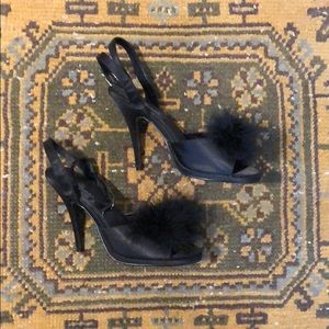Black Satin Peep Toe Heels with Marabou Puffs